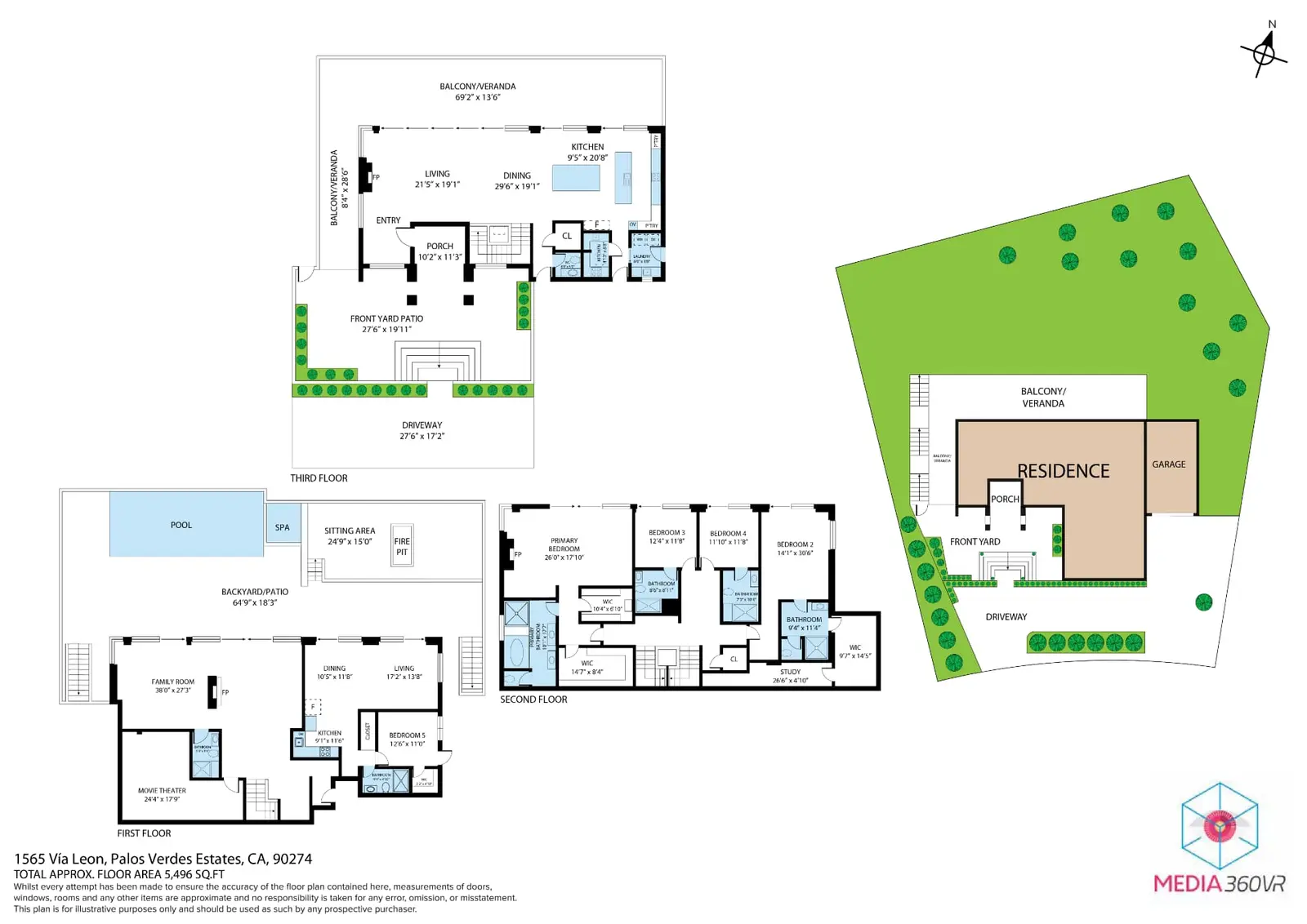 MEDIA360VR floor plan of 1565 Via Leon showing every level and the site plan