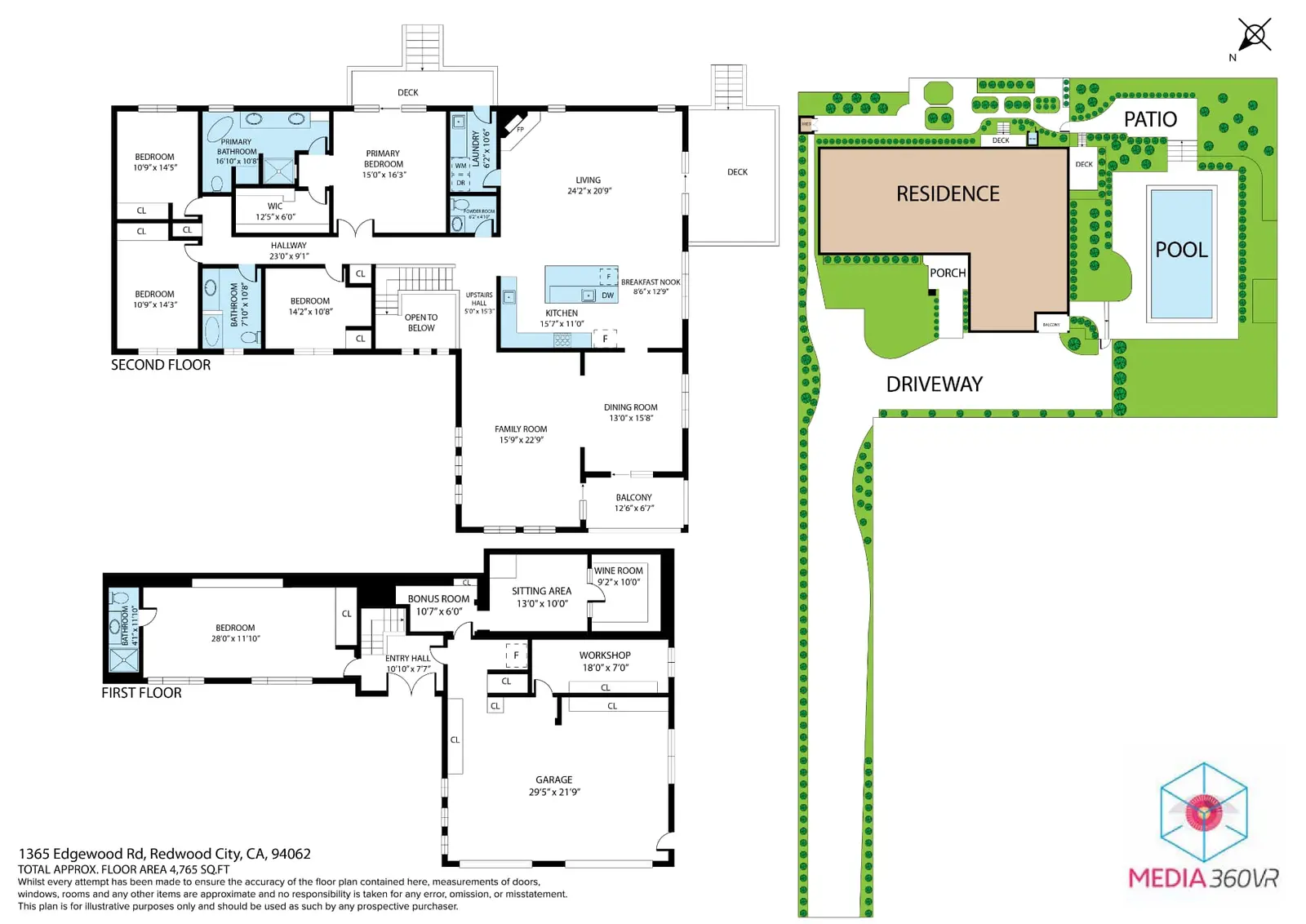 MEDIA360VR floor plan of 1365 Edgewood Rd showing both floors and the site plan